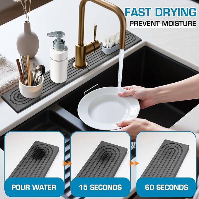 Faucet Mat for Kitchen Sink, Diatomite Quick Drying Tray, Long 23.6'' Kitchen - Image 2
