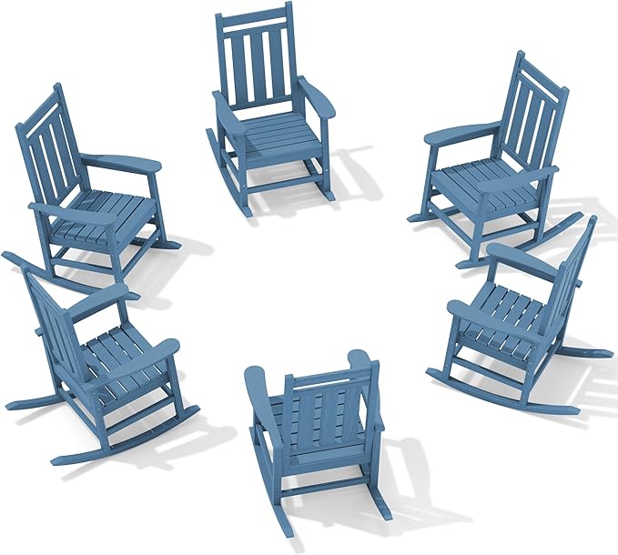 KINGYES Oversized Outdoor Rocking Chair Set of 6, All-Weather Patio Rocking Chairs for Porch, HDPE Outdoor Patio Rockers with High Back & Wide Seat for Garden, Lawn, Blue by KINGYES