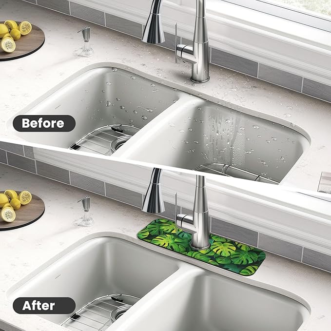 Faucet Draining Mat For Kitchen Sink, Palm Leaves Tropical Diatom Mud Absorbent - Image 4