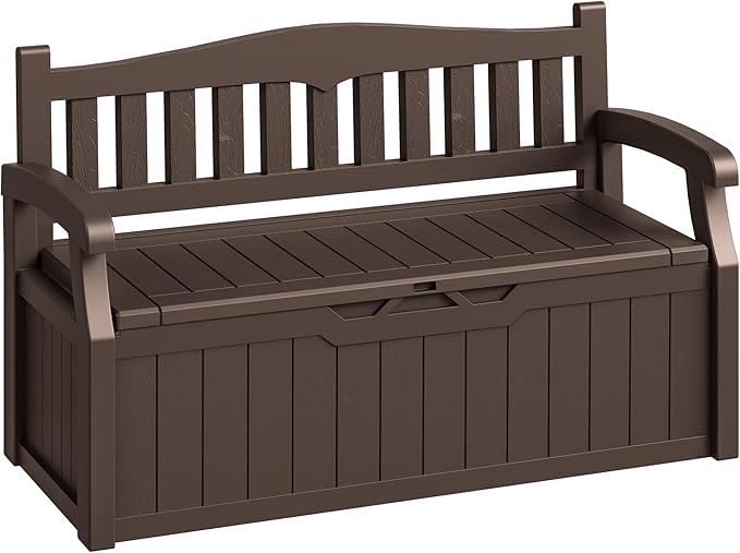 80-Gallon Outdoor Storage Bench, Waterproof Deck Box with Lockable Lid & Armrests for Patio, Garden, Pool, Brown by Acurax
