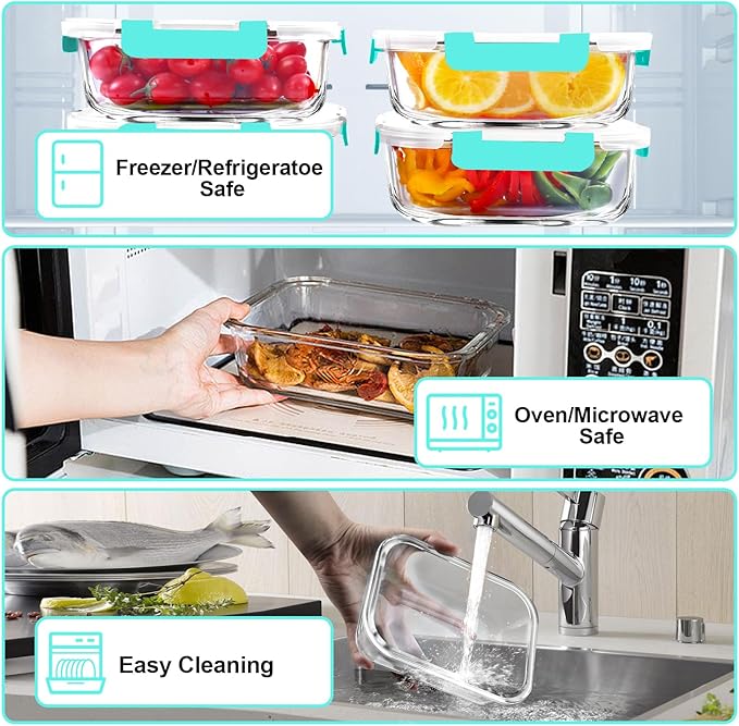 VERONES 5 Pack 36 OZ Glass Meal Prep Containers, Airtight Glass Lunch - Image 3