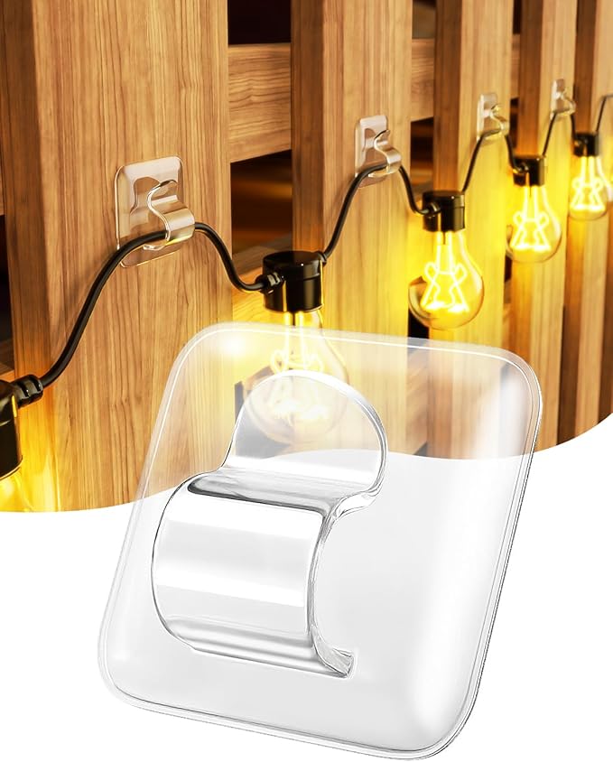 Hooks for Outdoor String Lights Clips: 50 Pack Square Clear Large Heavy Duty by LZC