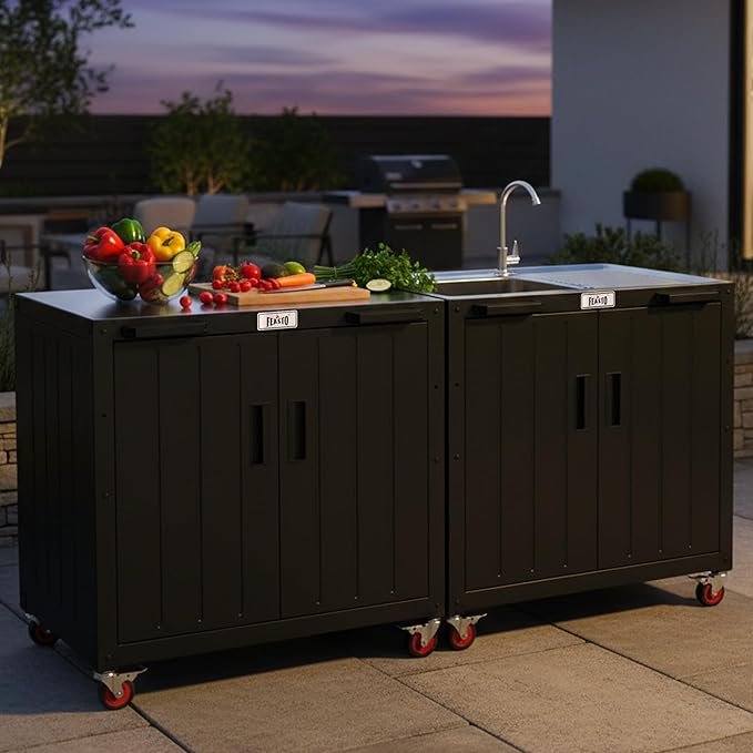 Outdoor Grill Cart with Storage Cabinet and Stainless Steel Top, 35-Inch Outdoor Grill Station with Door, Modular Kitchen Island for Food Prep and BBQ, Black & Silver - Image 2
