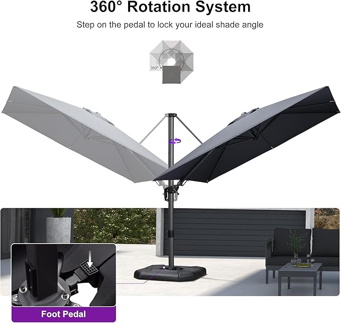PURPLE LEAF 8.8' X 8.8' Left-right Tilt Patio Umbrella with Base Outdoor Cantilever Swivel Square Umbrella with Tilt Aluminum Offset Umbrella with 360-degree Rotation for Garden Deck Pool Patio Grey - Image 7