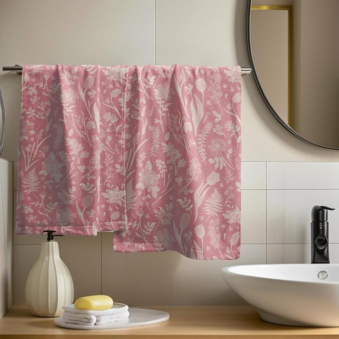 Pink Spring Floral Hand Towels for Bathroom Set of 2 Flower Leaves Vintage - Image 6