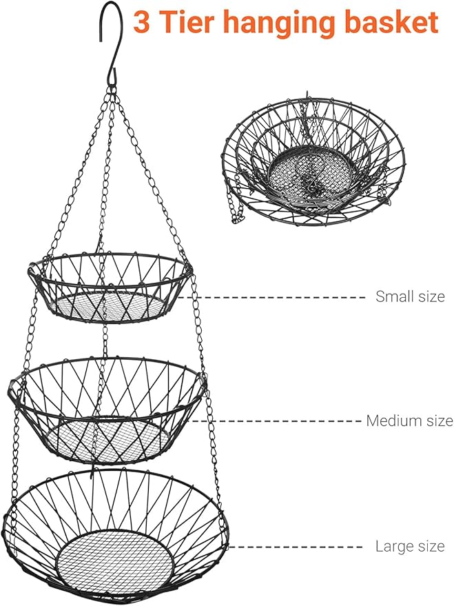 3 Tier Hanging Basket with Sturdy Metal Chain Hanging Hooks Fruit and Vegetable - Image 6