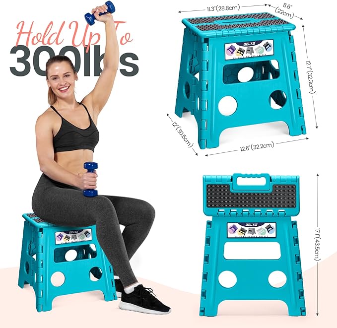 Delxo Folding Step Stool 13 Inch Non-Slip Foldable Stools for Kids & Adults Up to 300 LBS Kitchen Collapsible Fold Up Stepping Stool with Dotted 1 Pack Blue - Image 3