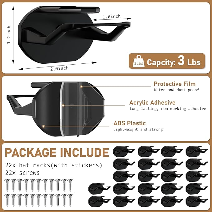 22 Pack Adhesive Hat Hooks for Wall, Super Strong Hat Rack for Baseball Caps - Image 4