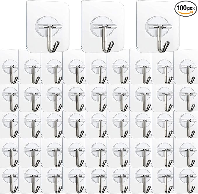 100 Pack Adhesive Hooks Wall Hooks 24lb Heavy Duty Self Adhesive Hooks by KAKAMINA