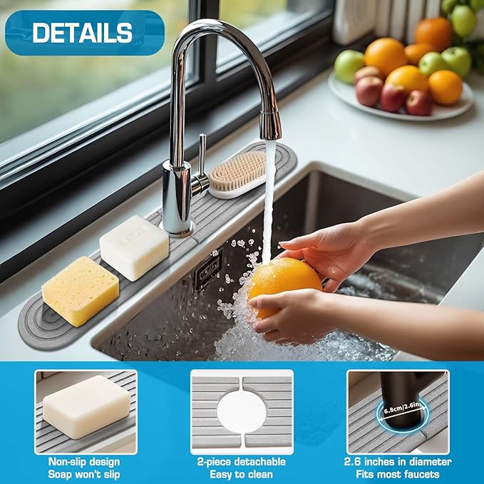 Light Gray-Oval 23.6" Diatomite Kitchen Faucet Mat Stone Sink Tray – Quick - Image 6