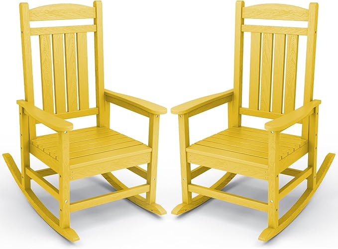 KINGYES Outdoor Rocking Chair Set of 2, High Density Polyethylene Patio Rocking Chairs with 330lbs Support for Adults, Yellow by KINGYES