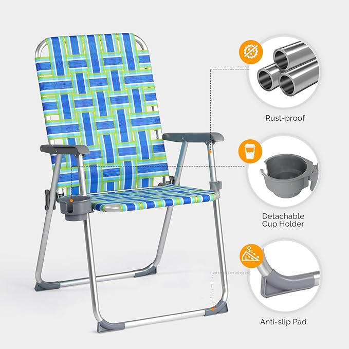 VINGLI Aluminum Patio Lawn Chairs Folding Set of 2 with Detachable Cup Holder, Webbed Beach Chair Folding Chair Outdoor Portable Camping Chair for Yard, Garden Blue alulawnchair - Image 5