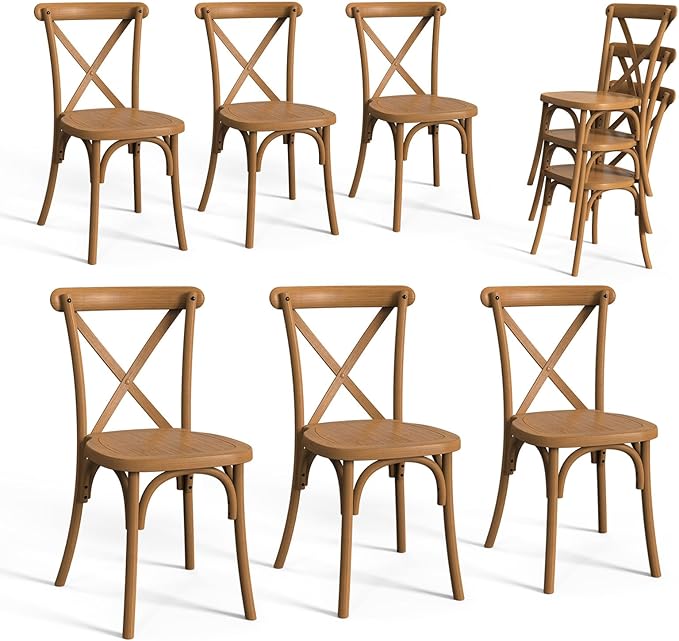 VINGLI Plastic Outdoor Dining Chairs Set of 6, Stackable Patio Farmhouse Brown Dining Chairs with X Back, Waterproof Kitchen & Dining Room Chairs for Indoor-Outdoor, Capacity 400 lbs by VINGLI