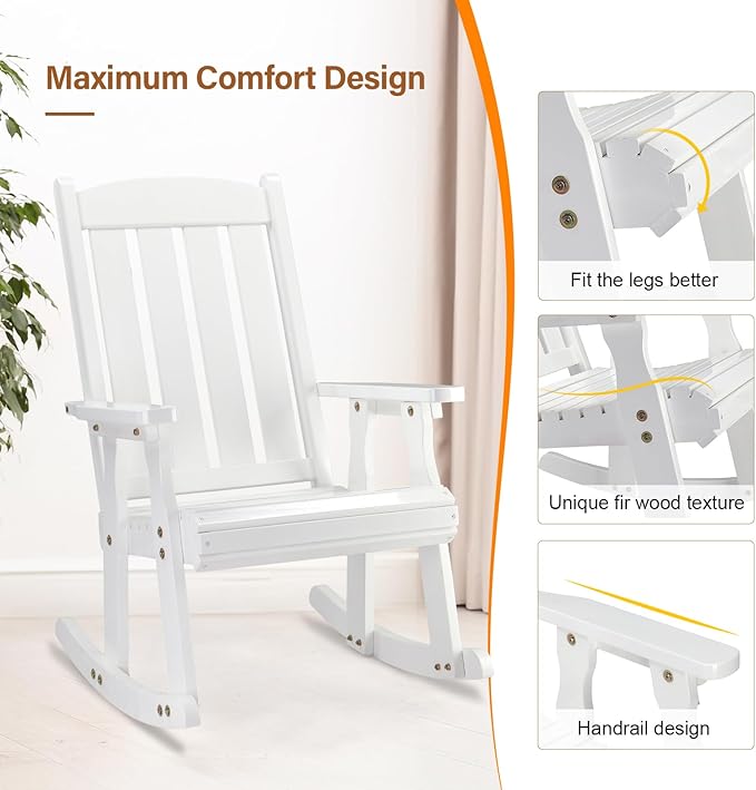 VINGLI Outdoor Rocking Chair Set of 2, Heavy Duty 600 LBS Wooden Rocking Chair with Comfortable Backrest, Weatherproof Rocker with Ergonomic Design, Suit for Patio, Garden, Yard, White - Image 6