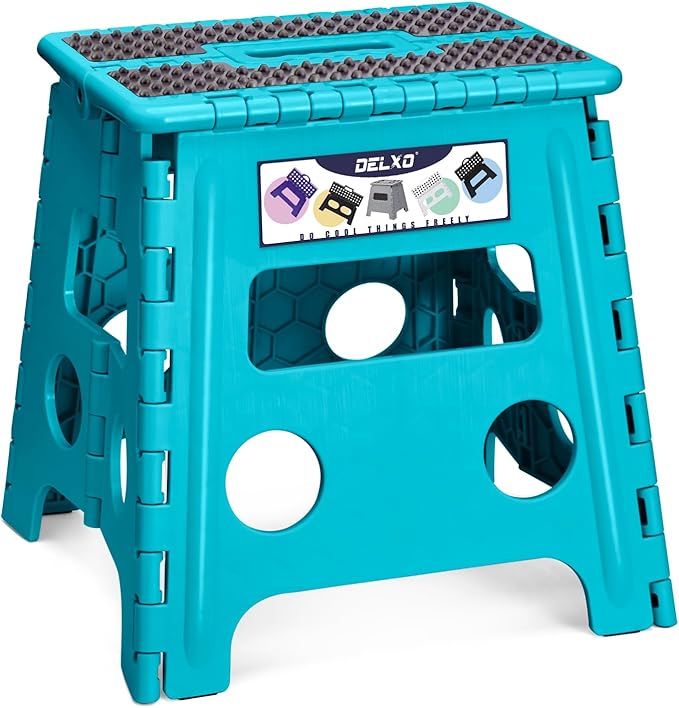 Delxo Folding Step Stool 13 Inch Non-Slip Foldable Stools for Kids & Adults Up to 300 LBS Kitchen Collapsible Fold Up Stepping Stool with Dotted 1 Pack Blue by Delxo