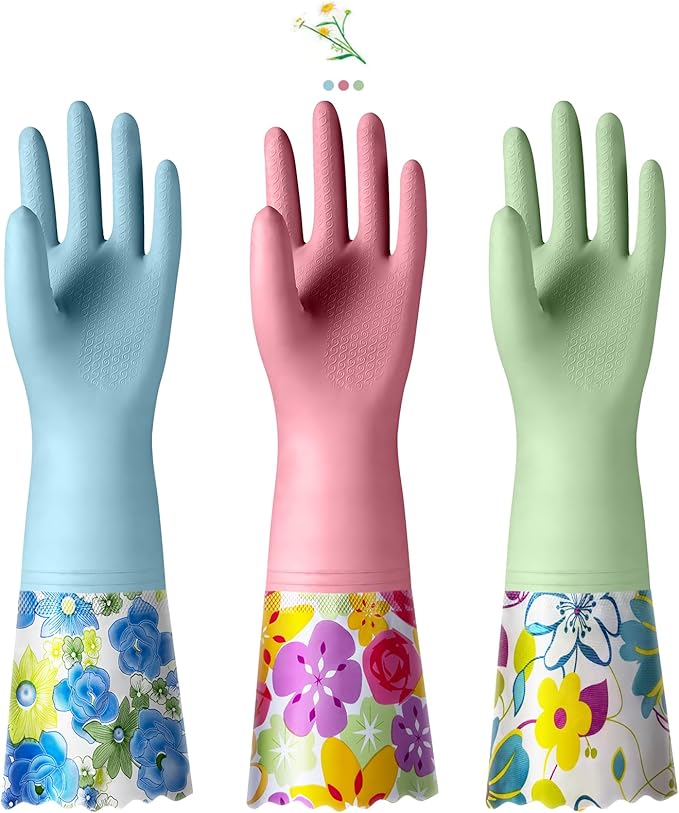 KAQ 3 Pairs Dishwashing Cleaning Gloves, Reusable Long Rubber Gloves by KAQ