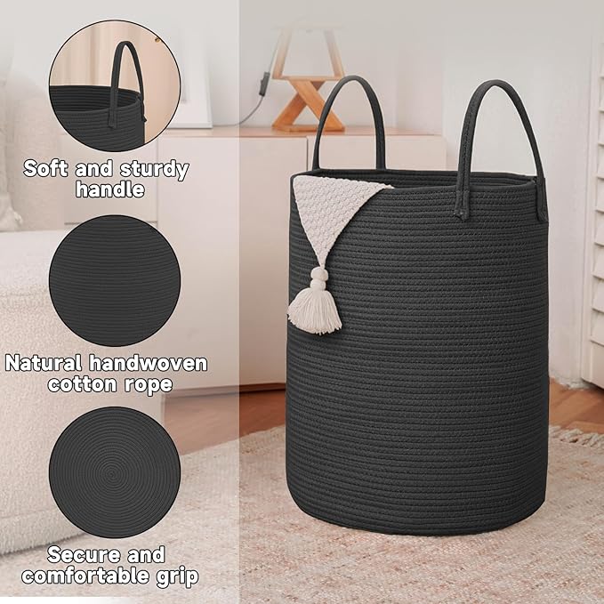 Large Woven Laundry Basket Hamper, 80L Cotton Rope Storage Bin - Image 6