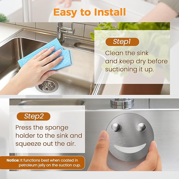 Sponge Holder, Stainless Steel Sink Caddy w/Suction Cup Installation, Sponge - Image 4
