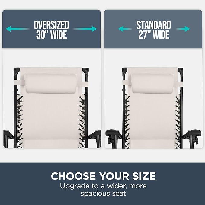 Best Choice Products 30” Wide Folding Zero Gravity Outdoor Recliner Patio Lounge Chair w/Adjustable Canopy Shade, Headrest, Side Accessory Tray - Ivory - Image 4