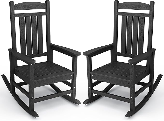 KINGYES Outdoor Rocking Chair Set of 2, High Density Polyethylene Patio Rocking Chairs with 330lbs Support for Adults, Black by KINGYES