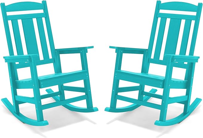 LUE BONA Outdoor Rocking Chairs Set of 4, HDPS Porch Rocker with High Back, Plastic Weather Resistant Rocking Chairs for Outdoor Indoor, Garden, Backyard, 350lb, Aruba Blue - Image 3