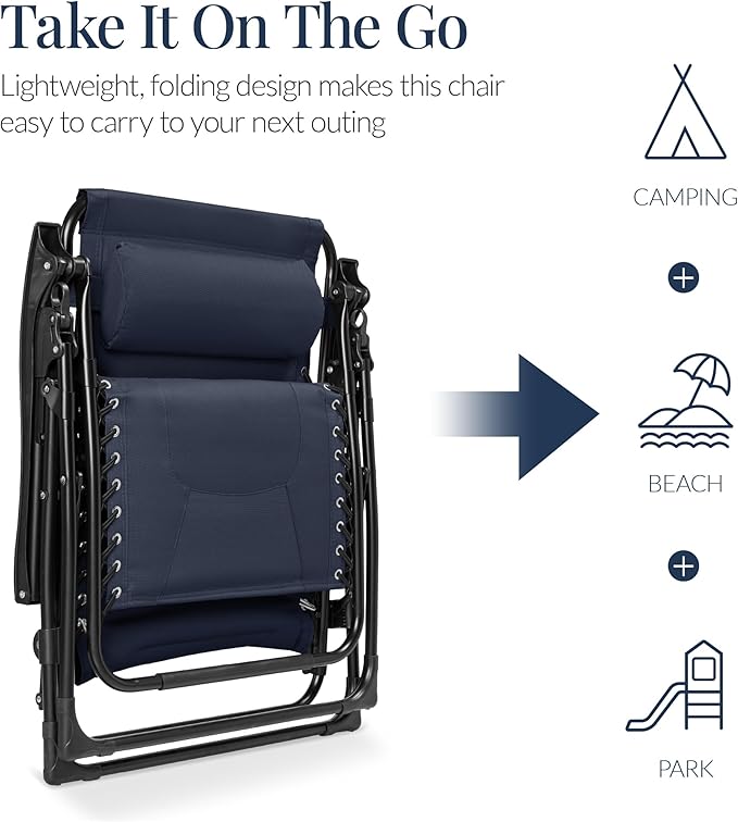 Best Choice Products Oversized Padded Zero Gravity Chair, Folding Outdoor Patio Recliner, XL Anti Gravity Lounger for Backyard w/Headrest, Cup Holder, Side Tray, Polyester Mesh - Navy Blue - Image 5