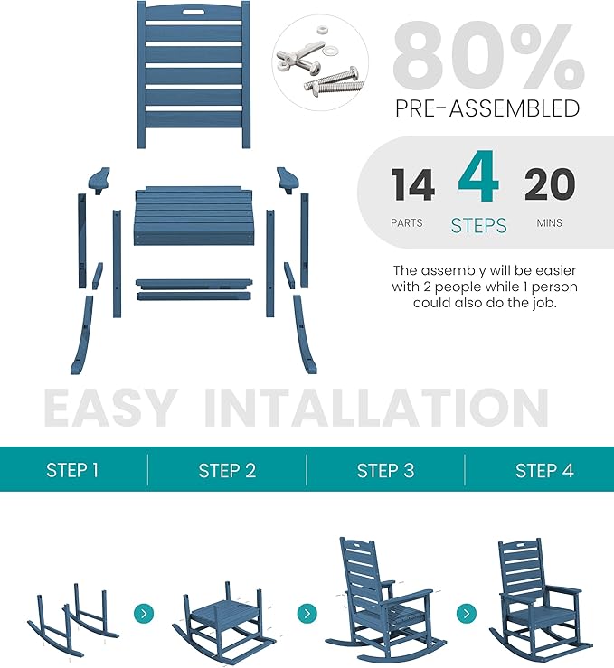 SERWALL Outdoor Rocking Chair Set of 2, Oversized Rocking Chair with Footboard for Adults, HDPE All Weather Resistant Rocking Chairs for Patio, 350lbs Weight Capacity, Navy - Image 8