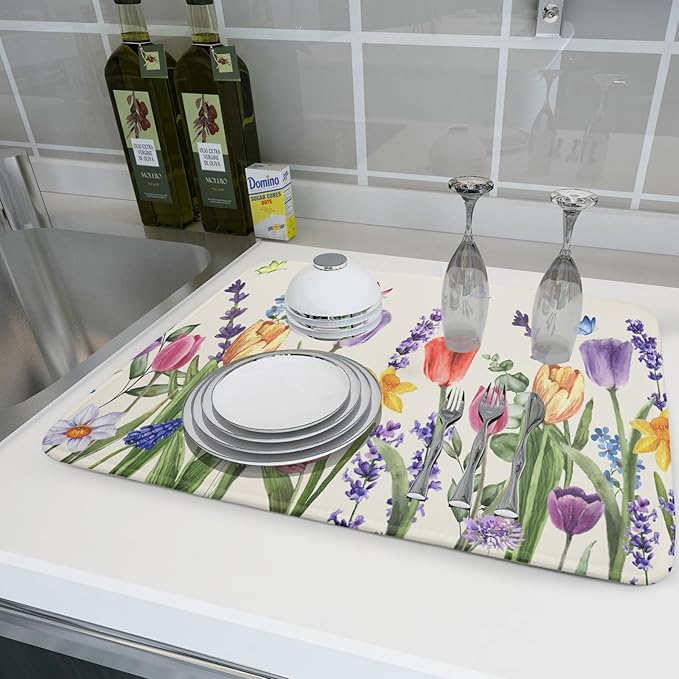Spring Floral Dish Drying Mat for Kitchen Counter 18x24 Inch Spring Flowers - Image 6