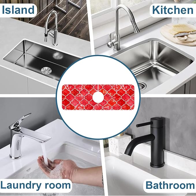 Watercolor Moroccan Marbled Kitchen Sink Splash Guard Faucet Mat Red Tiles - Image 7