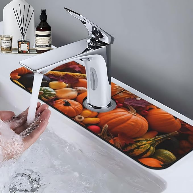 Kitchen Sink Splash Guard Faucet Mat Autumn Fall Pumpkin 15"x5.5", Diatom Mat - Image 9