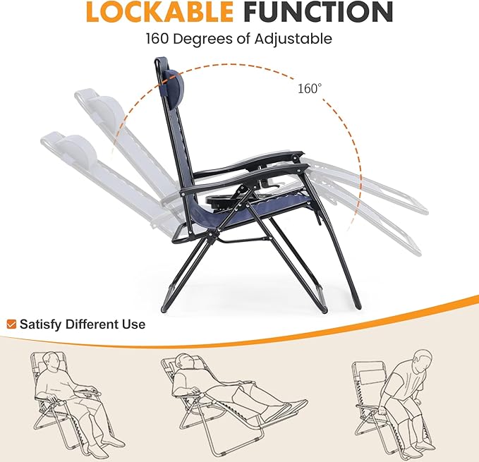 NEWBULIG Zero Gravity Chair Set of 2, Lounge Chair Folding Portable Adjustable Camping Reclining Chairs with Adjustable Pollow, Mesh Back, Cup Holder Trays Lawn Patio Chair for Pool Beach - Blue - Image 6