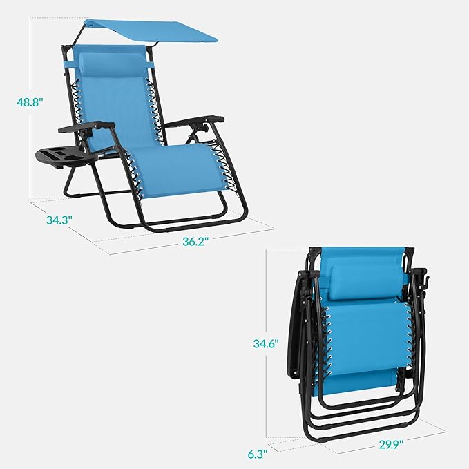 Best Choice Products 30” Wide Folding Zero Gravity Outdoor Recliner Patio Lounge Chair w/Adjustable Canopy Shade, Headrest, Side Accessory Tray - Light Blue - Image 2