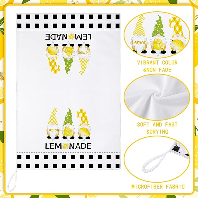 Bencailor 4 Pcs Lemon Kitchen Towels Lemonade Dish Towels Gnome Black and White - Image 3