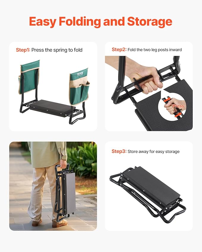 VEVOR Garden Kneeler and Seat, 330 lbs Load Capacity, 8" EVA Wide Pad, Foldable Garden Stool, Kneeling Bench for Gardening with Tool Bag, Gifts for Women, Grandparents, Seniors, Mom and Dad - Image 8