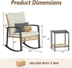 3 Piece Patio Rocking Chairs Set of 2, Outdoor Rocking Chair Bistro Set with Tempered Glass Coffee Table and Thick Lumbar Pillow Set, Front Porch Chairs for Garden, Backyard, Poolside (Beige) - Image 2
