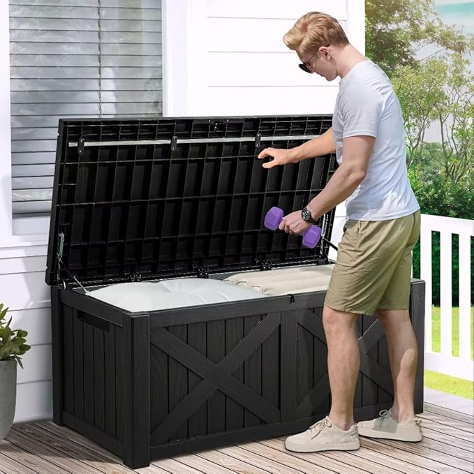 YITAHOME 150 Gallon Large Deck Box with X-Shaped Front, Resin Outdoor Storage Boxes, Waterproof Cushion Storage Bench for Patio, Pool Supplies, Garden Tools - Lockable, Black - Image 3