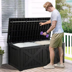 YITAHOME 150 Gallon Large Deck Box with X-Shaped Front, Resin Outdoor Storage Boxes, Waterproof Cushion Storage Bench for Patio, Pool Supplies, Garden Tools - Lockable, Black - Image 3
