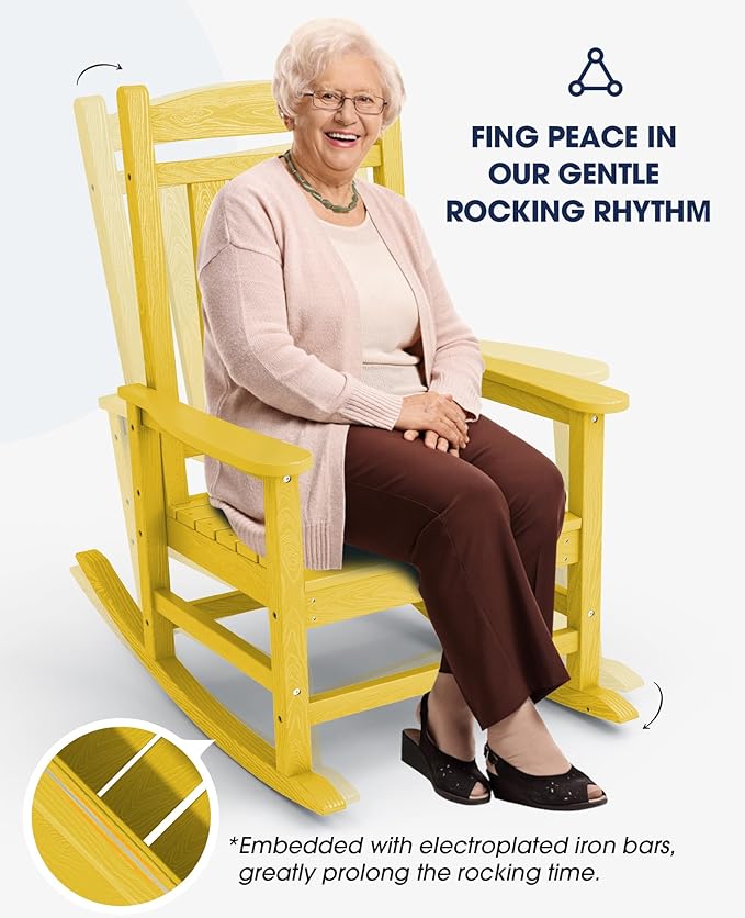 KINGYES Outdoor Rocking Chair Set of 2, High Density Polyethylene Patio Rocking Chairs with 330lbs Support for Adults, Yellow - Image 6