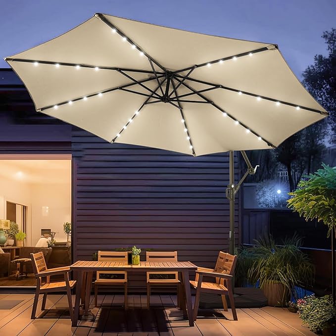 wikiwiki 10ft Solar LED Patio Umbrella with Base Included, Offset Umbrella with Weighted Sandbag Base, Cantilever Patio Umbrellas for Backyard, Garden & Deck, 32 LED Lights & Polyester Shade, Beige - Image 9