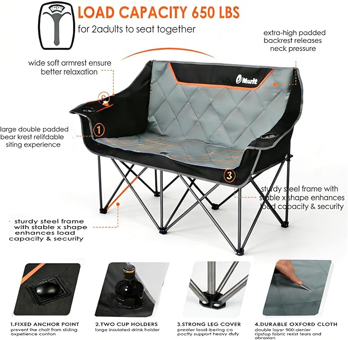 EMERIT Oversized Fully Padded Camping Chair, Heavy Duty 650LB Folding Camping Loveseat, Quad Fold Double Camping Couch with Cup Holders & Carry Bag for Outdoor, Lawn, Sports Events | HIgh Back, Rip resistance, Extra Wide Design, Cross-bracing Hubs, Eas... - Image 5