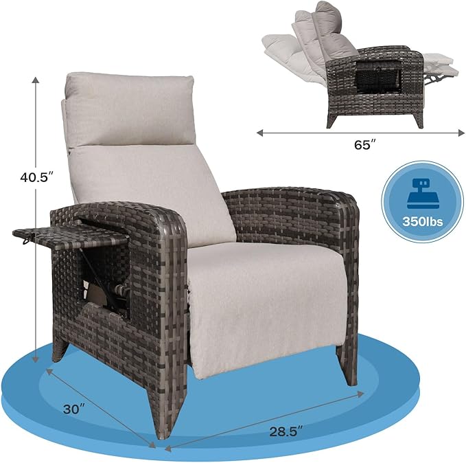 Upgraded Outdoor Recliner Chair, Reclining Patio Chairs with Adjustable Back up to 150°Lay Flat and Extended Footrest, Wicker Recliner Chairs with Flip Table and Removable Olefin Cushion - Image 2