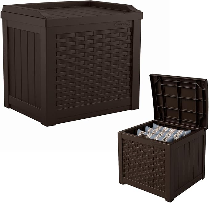 Suncast Outdoor Deck Box - 22 Gallon Java Resin Outdoor Storage Box, Weatherproof Patio Storage Bin Container for Seating & Organizing Cushions, Tools & Towels for Pool, Yard, & Garden by Suncast