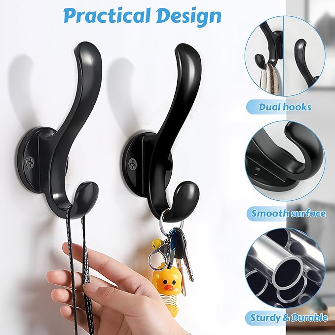 4 Pack Coat Hooks Wall Mount Heavy Duty Utility Retro Double Hooks - Image 8