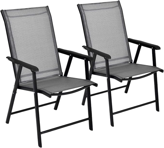 Giantex Set of 2 Patio Folding Chairs, Outdoor Chairs with Armrest, Portable Dining Chairs for Porch Camping Pool Beach Deck Lawn Garden, 2-Pack Patio Sling Chairs, Metal Frame, Grey - Image 8