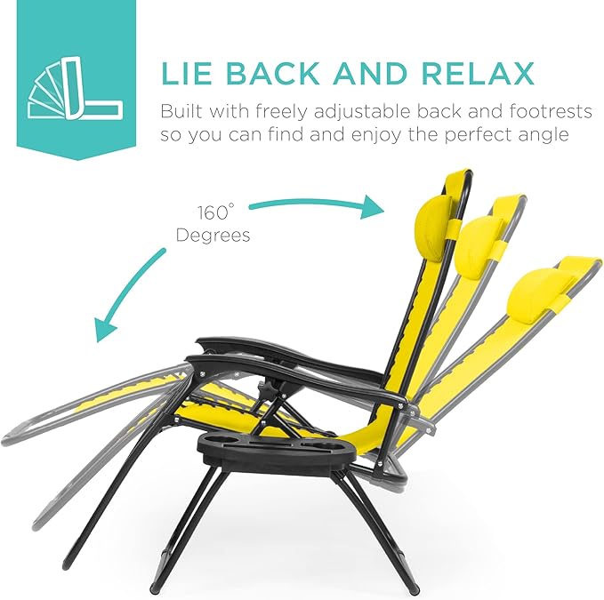 Best Choice Products Set of 2 Adjustable Steel Mesh Zero Gravity Lounge Chair Recliners w/Pillows and Cup Holder Trays - Sunflower Yellow - Image 4