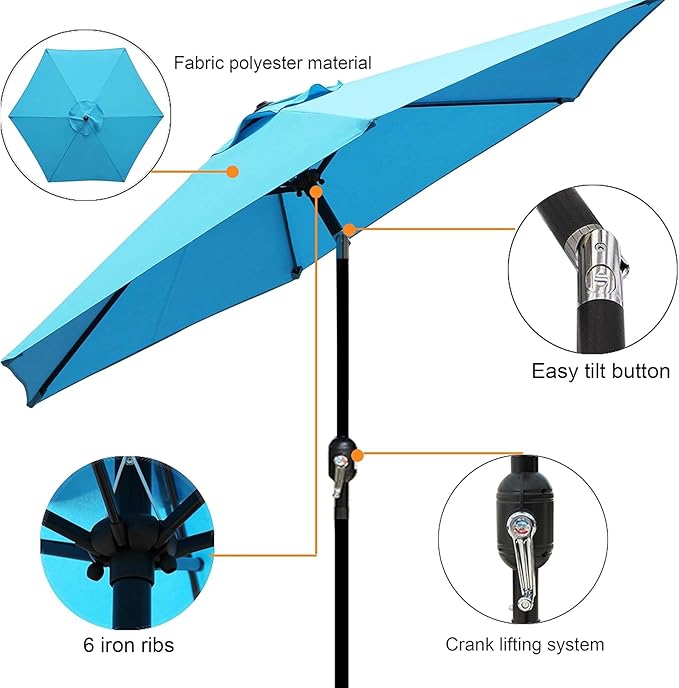 Blissun 7.5 ft Patio Umbrella, Yard Umbrella, Outdoor Market Umbrella with Push Button Tilt Crank (Light Blue) - Image 2