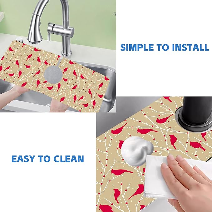 Christmas Cardinal Birds Kitchen Sink Splash Guard Mat Absorbent Fast Drying - Image 5
