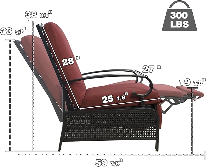 Kozyard Adjustable Outdoor Reclining Lounge Chair, Cushioned Patio Chaise Lounge with Extendable Metal Frame for Sunbathing, Reading & Relaxing – Comfortable Outdoor Recliner(Burgundy) - Image 2