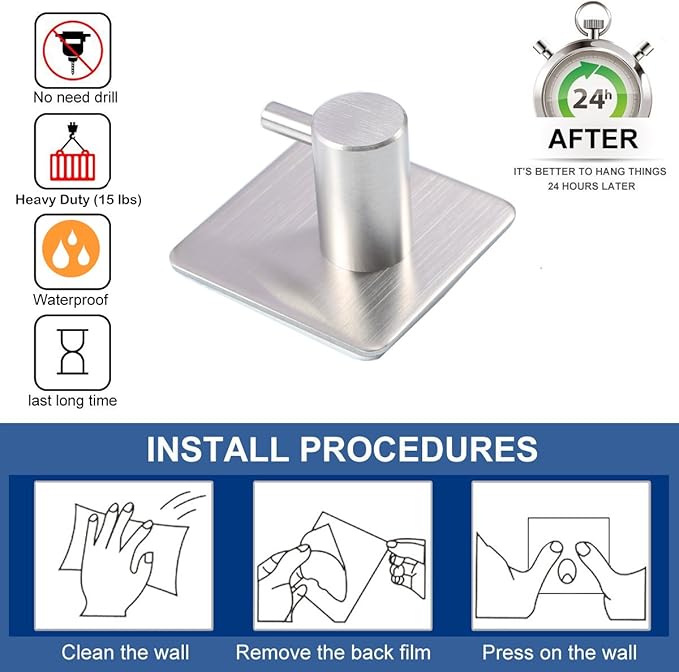 Adhesive Towel Hooks Heavy Duty Wall Hooks Waterproof Stainless Steel Hanger - Image 5