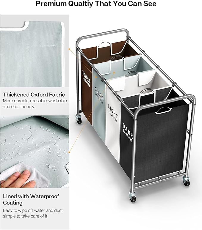 ROMOON Laundry Hamper Sorter Cart: 4-Section Organizer - Image 4